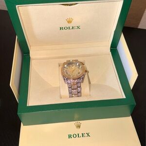 Rolex Gold and Silver Watch with Crystal Accents